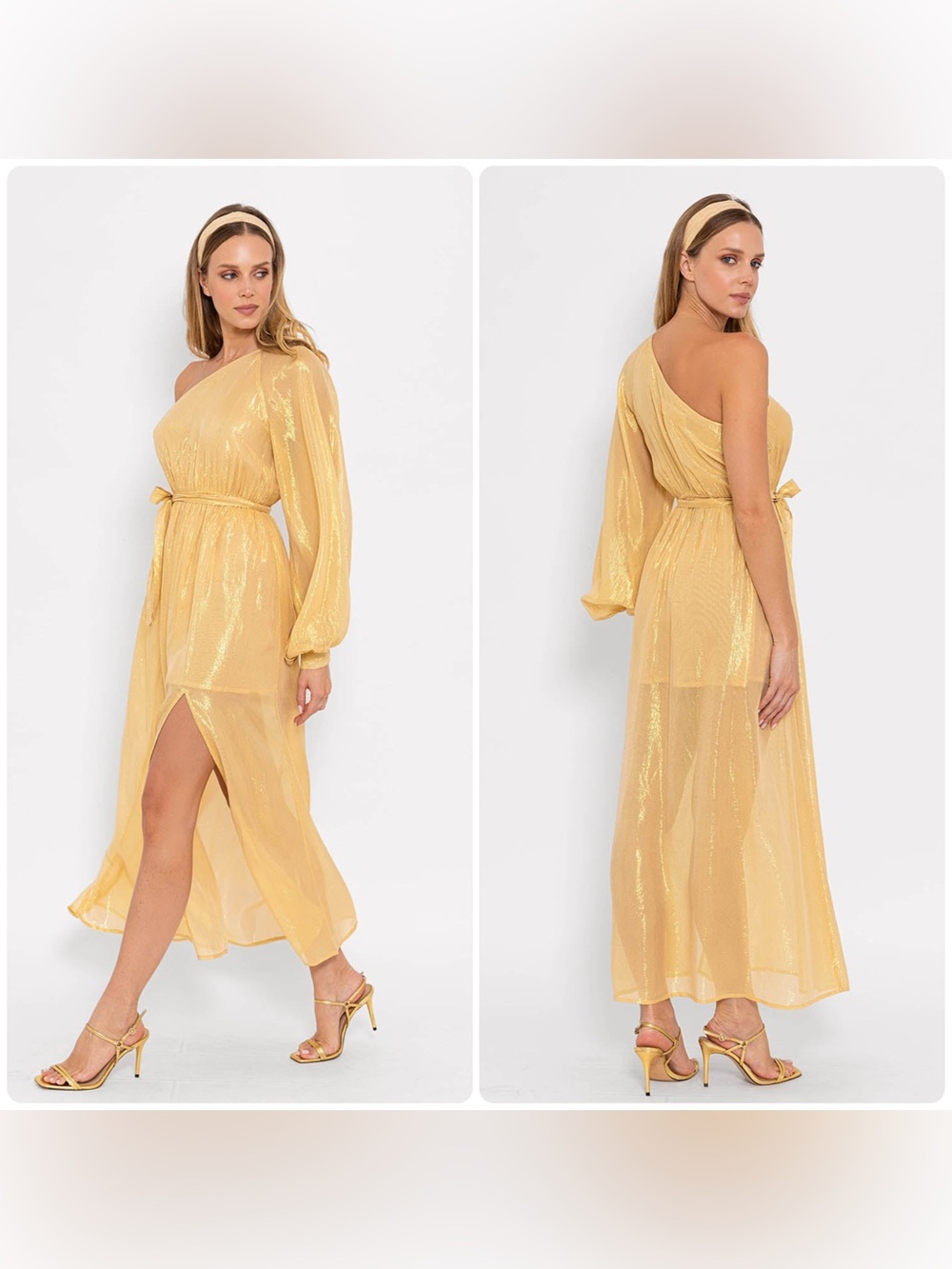 New! Sundress Doris  Belted One-Shoulder Shimmer Midi Dress in Gold 🌟 Small Tall - Picture 4 of 16